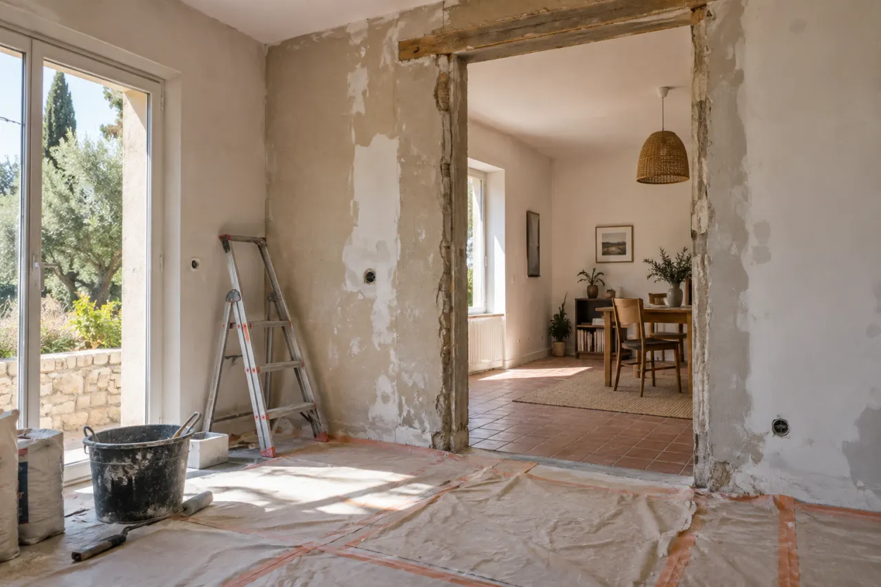 Illustration d’une maison habitée avec une pièce en cours de rénovation