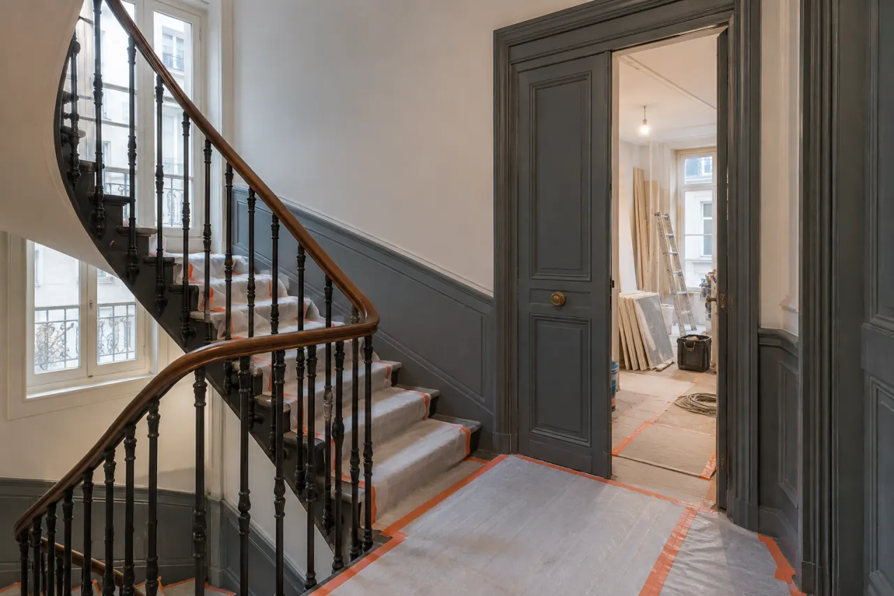 Illustration d’un escalier commun protégé pendant la rénovation d’un appartement