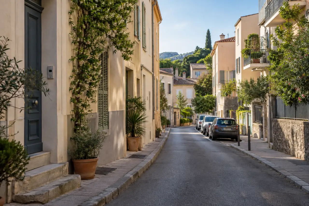 Illustration d’une rue résidentielle méditerranéenne non identifiée, sans valeur de preuve locale