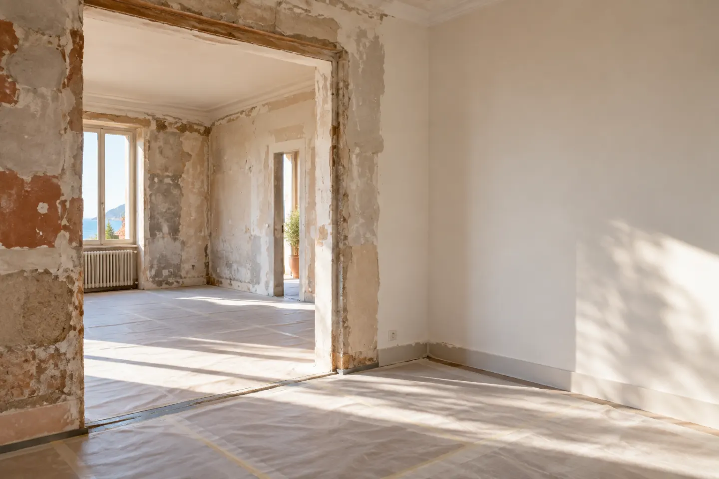 Illustration d’un appartement en rénovation, vue entre une pièce ancienne et une pièce remise en état